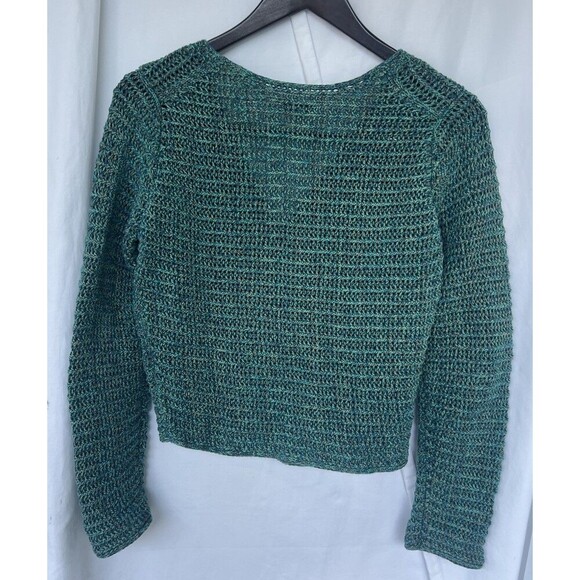 Vince Marled Crochet Cardigan Medium Neck Long Sleeve Knit Green Open Front - Picture 4 of 7